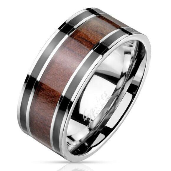 Wood Inlaid Center with Black Lines Stainless Steel Ring Size‎ 9 - Picture 1 of 2